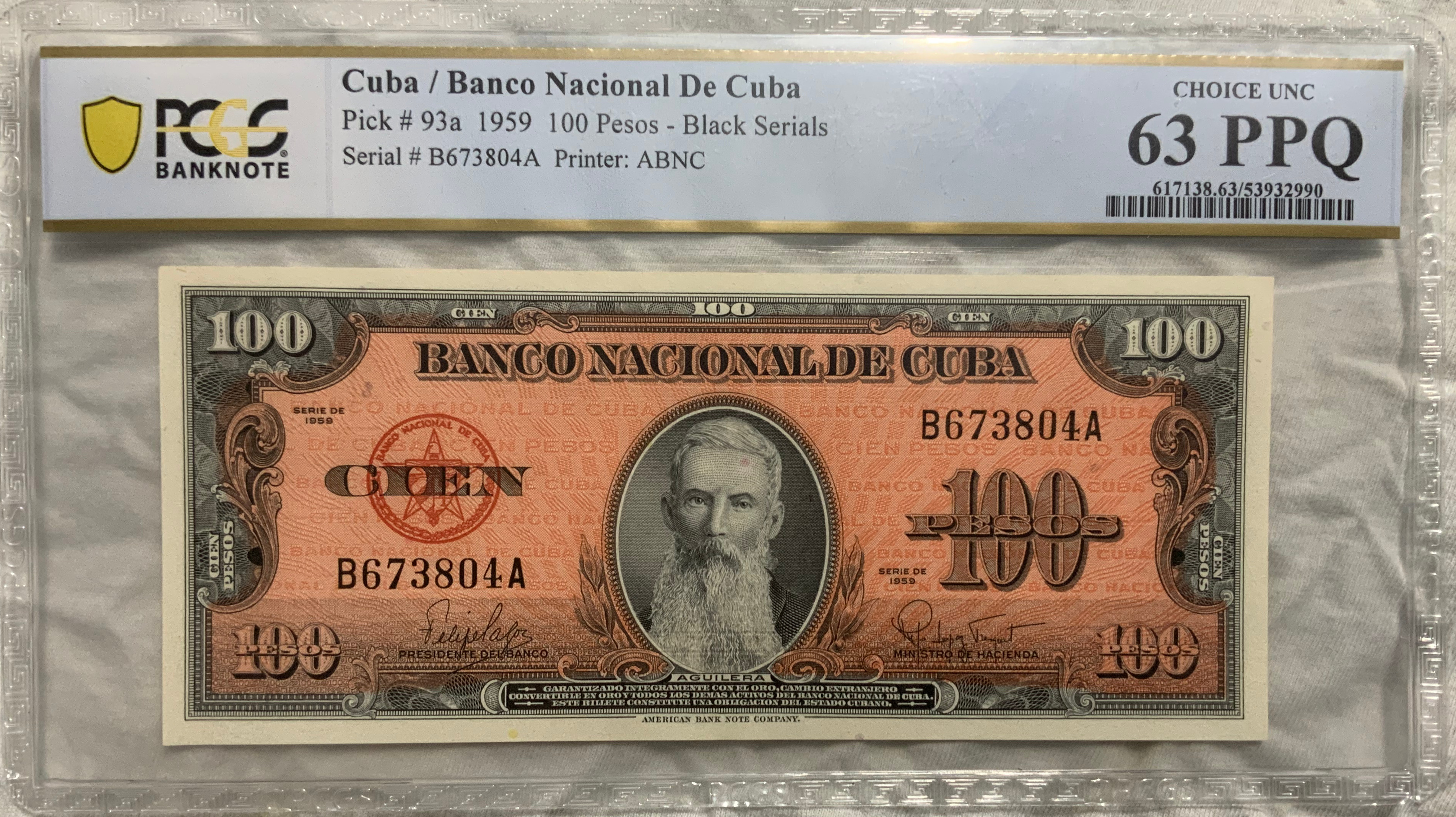 Cuba 1959 100 Pesos - Black Serials 63 PPQ